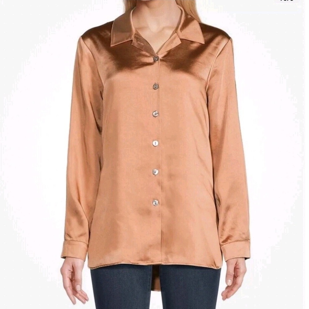 John Mark Women Copper Bronze Satin Button Down Shirt Long Sleeve Blouse Large‎